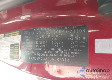 2006 Kia Sedona Ex/Lx из США, поврежденный, VIN KNDMB233666082013